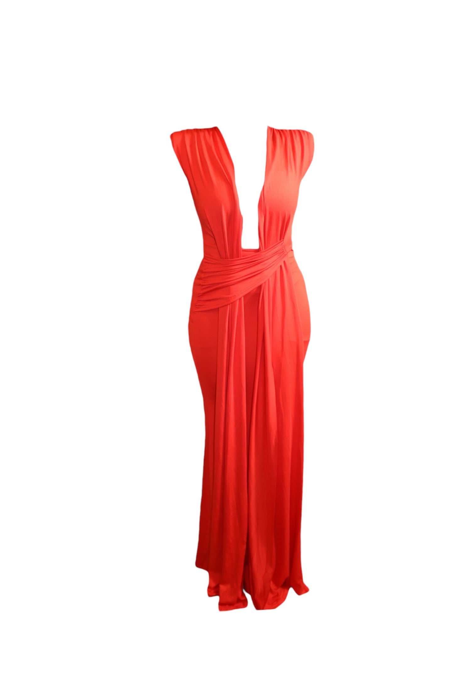 ND Red Scarlet Siren Deep Plunge Neckline Flowy Maxi Drape Dress