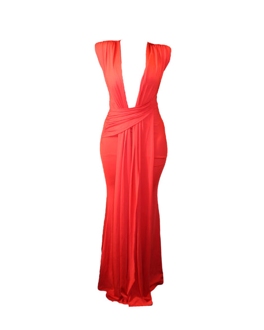 ND Red Scarlet Siren Deep Plunge Neckline Flowy Maxi Drape Dress