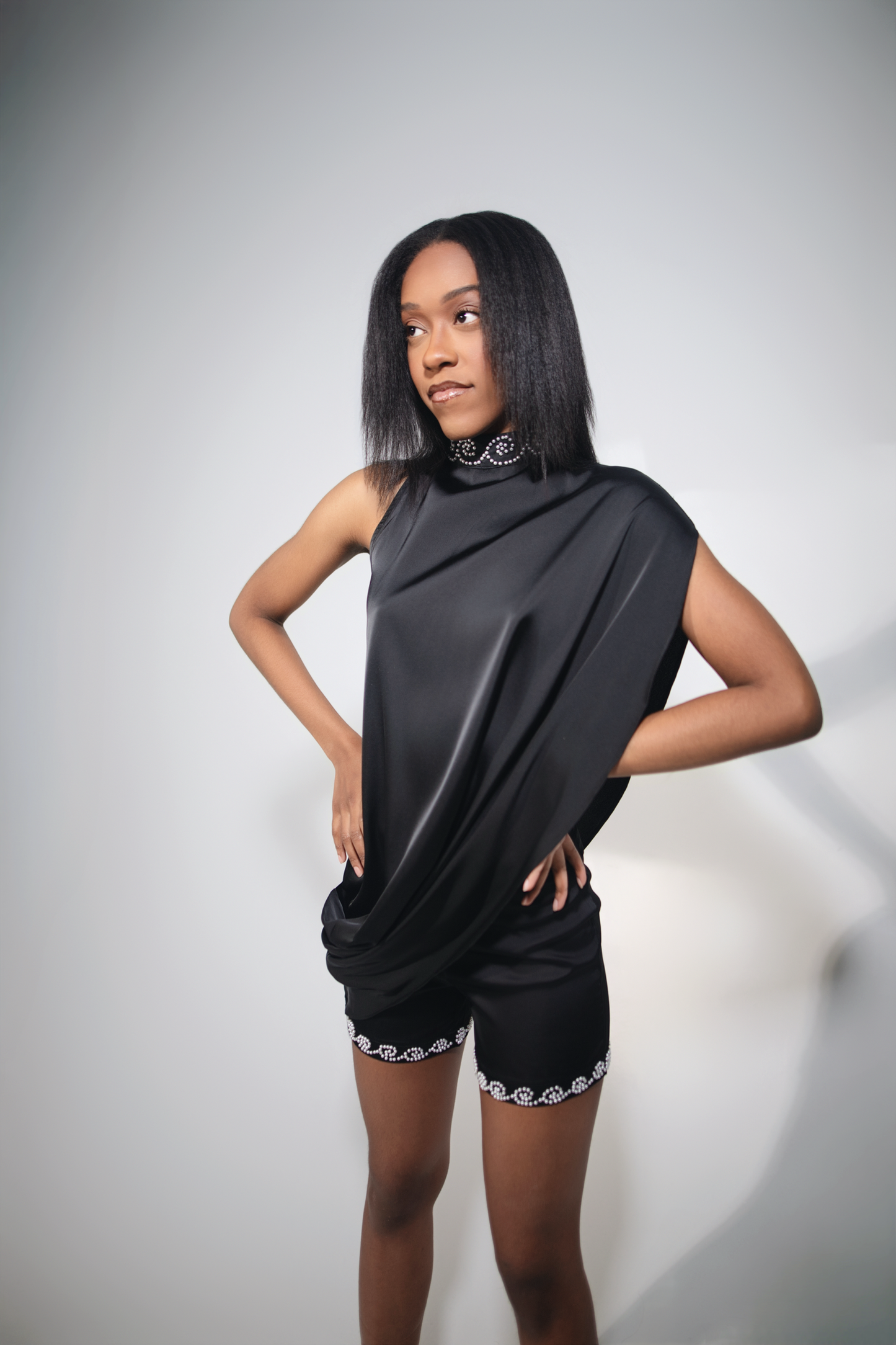 ND Black Mirage Asymmetric Satin drape top (part of a set)