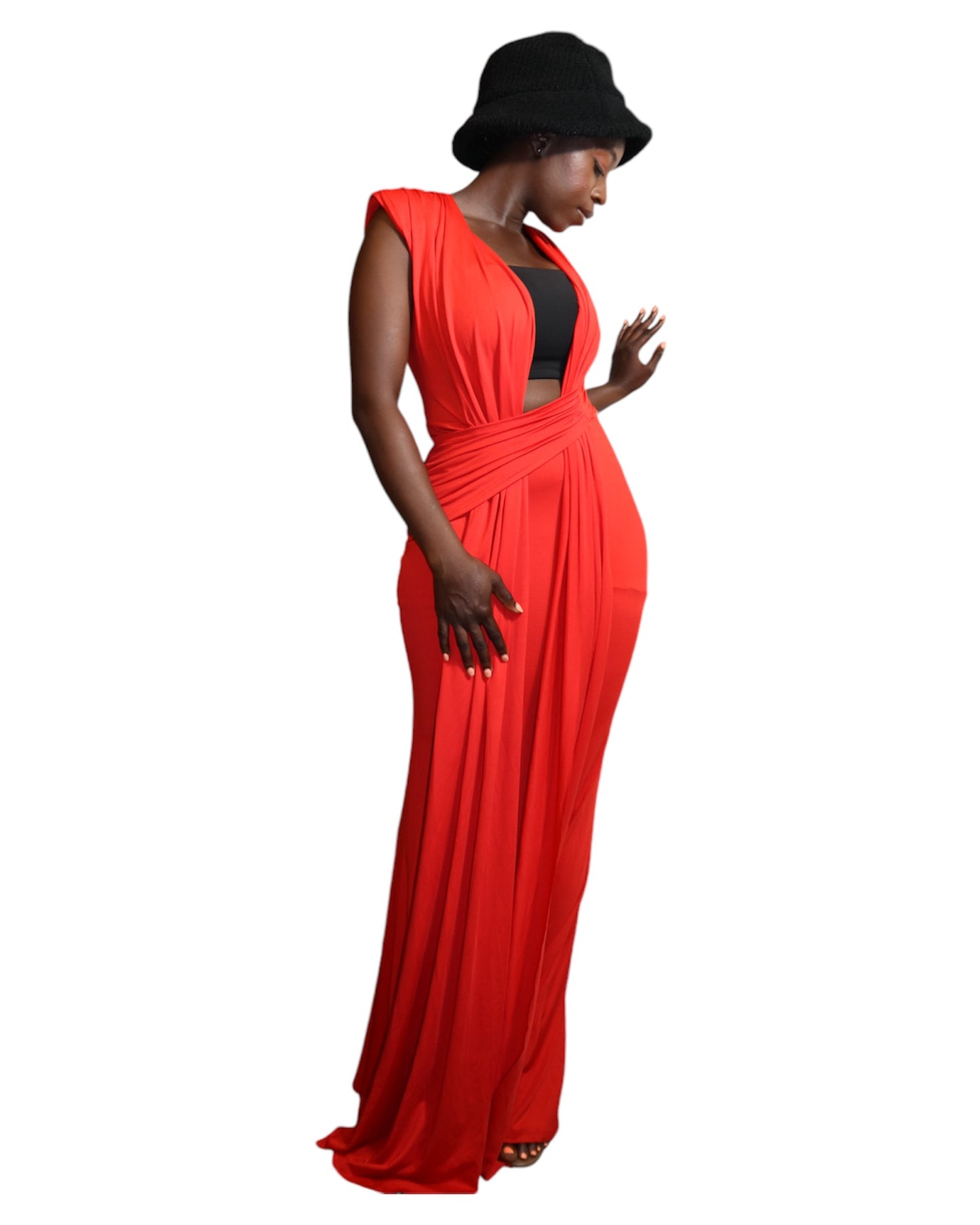 ND Red Scarlet Siren Deep Plunge Neckline Flowy Maxi Drape Dress