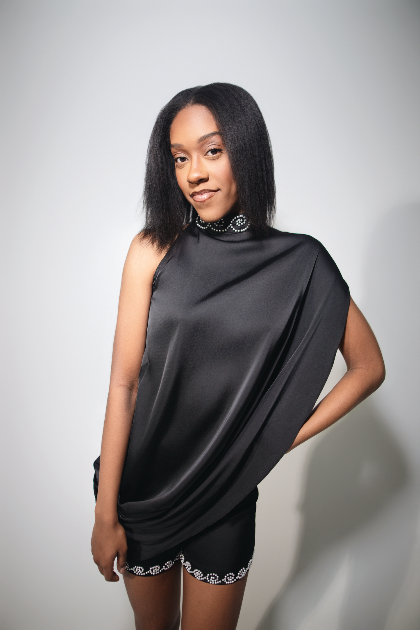 ND Black Mirage Asymmetric Satin drape top (part of a set)