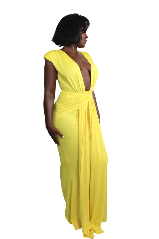 ND Yellow Deep Plunge Neckline Twist Front Flowy Maxi Dress