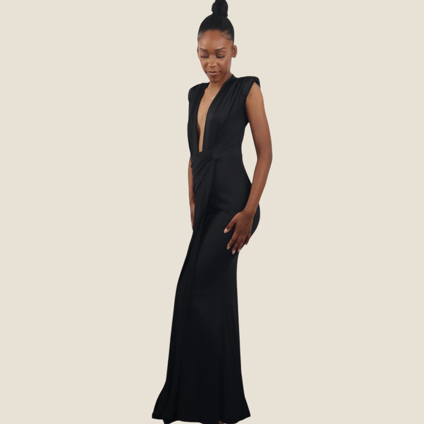 ND Black Deep plunge Neckline Flowy Drape Gown